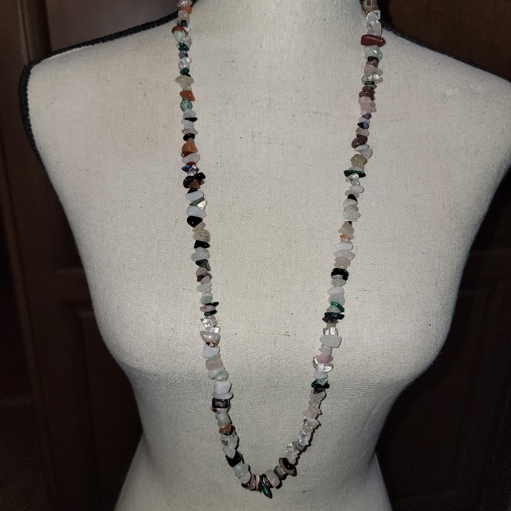 Mixed Natural Stone Chip Infinity Necklace Multicolor Long 36”
